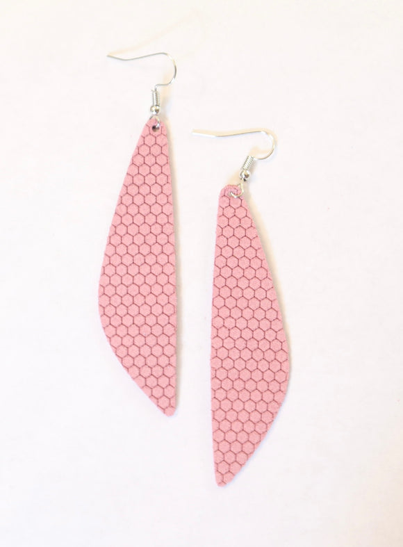 Feather Shaped Hexagon Patterned Genuine Leather Earrings